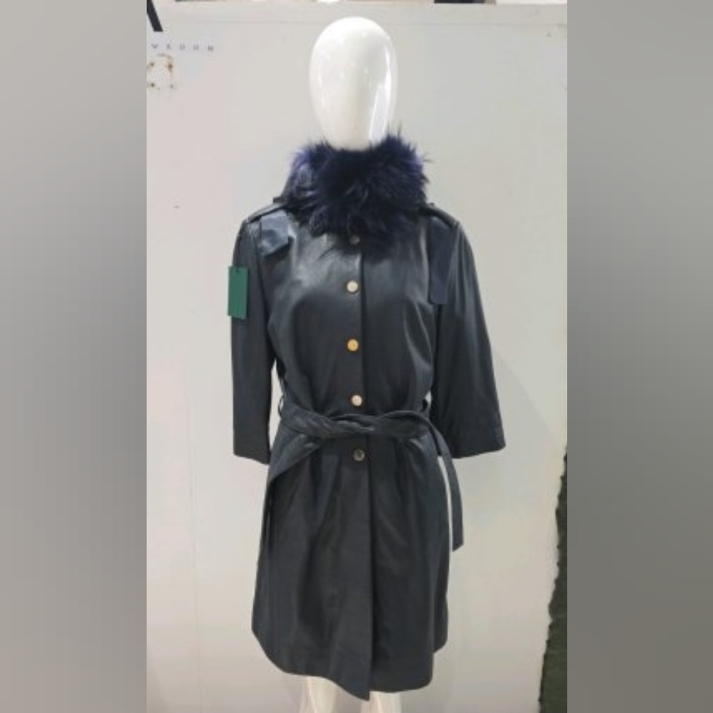 Ottimo Leather Trench Coat with Faux Fur Collar